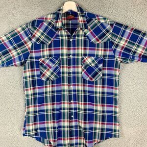 Western Fashions Shirt Mens Medium Blue Green Plaid Cowboy Pearl Snap Farm Ranch
